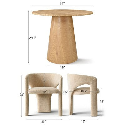 Round Dining Table Set with 2 Chenille Armchairs, Modern Pedestal Table and Upholstered Chairs with Full Back and Arms-Panipeachy