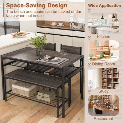 Costway Dining Table Set for 4 Rectangular Table with 2 Chairs, 1 Bench, Storage Racks Rustic Brown/Gray/Brown