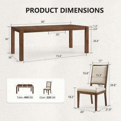 Modern Dining Set - 80 Table + 6 Cushioned Chairs, Solid Wood Frame, 400lbs Table Capacity, Easy Assembly