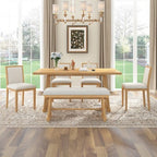 ModernLuxe 6-Piece Rustic Farmhouse Dining Set, Oak Veneer Dining Table with Trapezoid Legs, 4 Linen Upholstered Chairs+1 Bench