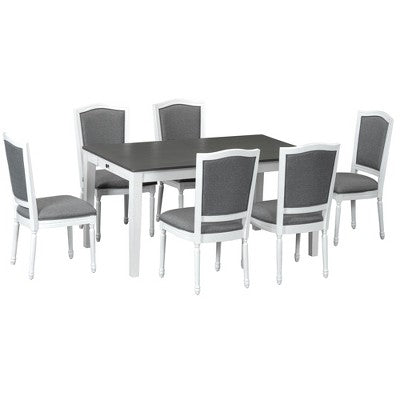 Rustic Extendable Dining Table Set for 6, 7 Pieces Rectangle Dining Table with 6 Upholstered Chairs, Kitchen Table Set with 2 Drawers