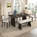 ModernLuxe 6-Piece Rustic Farmhouse Dining Set, Oak Veneer Dining Table with Trapezoid Legs, 4 Linen Upholstered Chairs+1 Bench