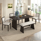 ModernLuxe 6-Piece Rustic Farmhouse Dining Set, Oak Veneer Dining Table with Trapezoid Legs, 4 Linen Upholstered Chairs+1 Bench