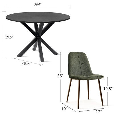 5 Pcs Dining Set for 4 Round Dining Table with Crossed Metal Legs and Oak Grain Upholstered Chairs for Kitchen and Dining Room - Panipeachy