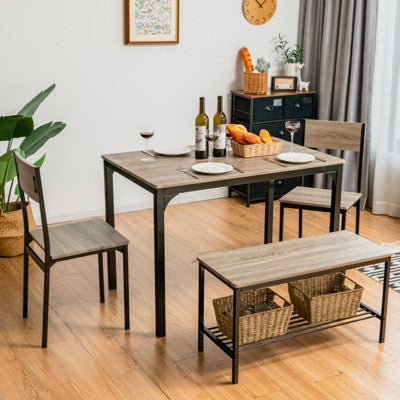 Costway 4pcs Dining Table Set Rustic Desk 2 Chairs & Bench w/ Storage Rack
