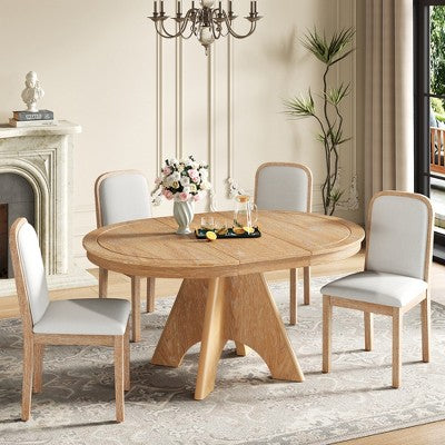 5 Piece Extendable Dining Table Set Dining Set for 4, Vintage Round Kitchen Table Set with 4 Upholstered Dining Chairs - ModernLuxe