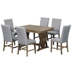 7 PCS Extendable Dining Set for 6, Dining Table Set with 6 Upholstered Dining Chairs, Mid-Century Style, Golden Brown+Gray-ModernLuxe