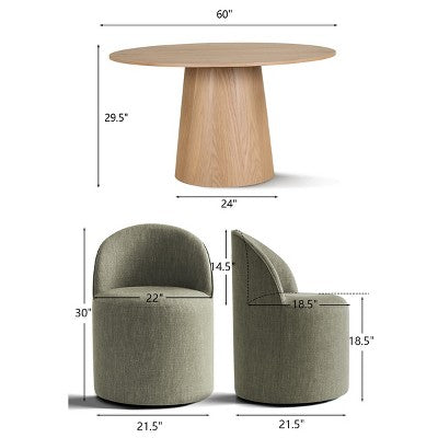 Round Dining Table Set For 6, Upholstered Barrel Dining Chairs With Castors, Linen Blend Fabric, Curved Back Support - Panipeachy