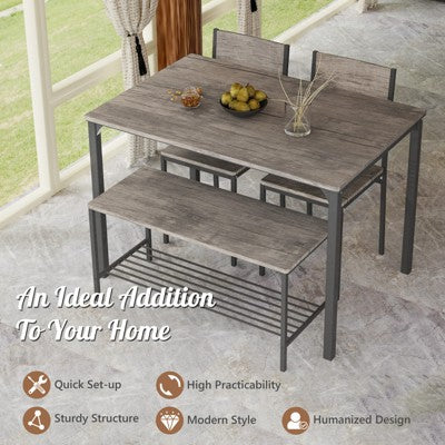 Costway 4pcs Dining Table Set Rustic Desk 2 Chairs & Bench w/ Storage Rack