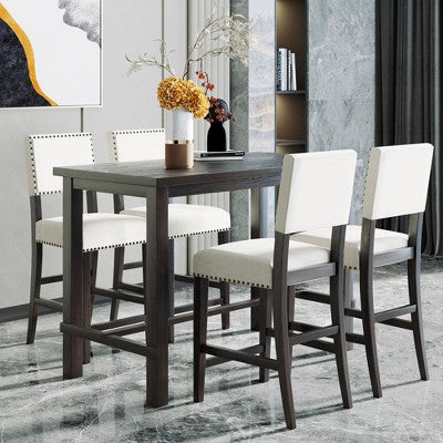 5-Piece Counter Height Dining Table Set Dining Set with Classic Dining Table and 4 Cushioned Dining Chairs, Natural Wood Wash/Espresso-ModernLuxe