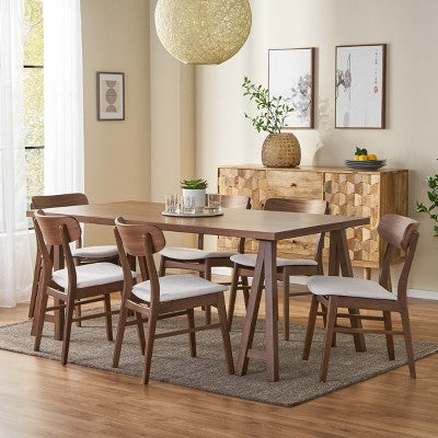GDFStudio Alexis Mid Century Modern 7 Piece Fabric and Upholstered Rubberwood Dining Set