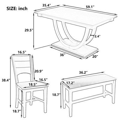 GDFStudio Timo 6 Piece Rubbewood Dinnig Set with Half Round Dining Table, Bench and 4 Chairs