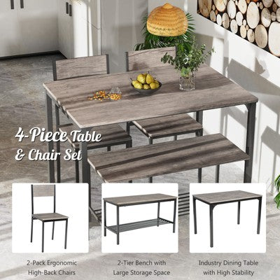 Costway 4pcs Dining Table Set Rustic Desk 2 Chairs & Bench w/ Storage Rack