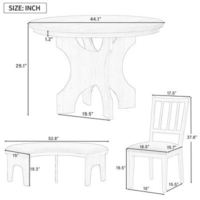 GDFStudio Agnes 5 Piece Rustic Round Dining Set with Upholstered Chairs and Curved Bench