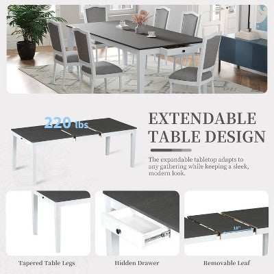 Rustic Extendable Dining Table Set for 6, 7 Pieces Rectangle Dining Table with 6 Upholstered Chairs, Kitchen Table Set with 2 Drawers