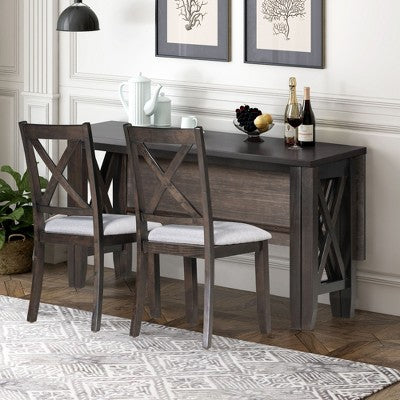 6 Piece Extendable Dining Table Set Dining Set Small Dinette Kitchen Table Set with Foldable Table, 4 Upholstered Chairs, Bench, Gray/Espresso-HABITRI