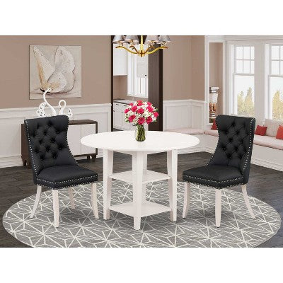HomeStock 3-Pc Linen White Finish Round Solid Wood Top With Dropleaf Dining Table Set