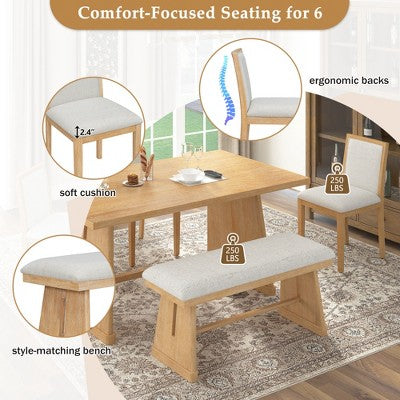 ModernLuxe 6-Piece Rustic Farmhouse Dining Set, Oak Veneer Dining Table with Trapezoid Legs, 4 Linen Upholstered Chairs+1 Bench
