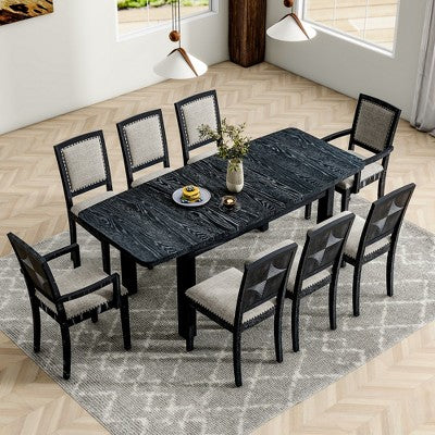 9 Pieces Extendable Dining Table Set for 6, Rectangular Kitchen Dining Table with Removable Leaf and 6 Armless Chairs and 2 Arm Chairs