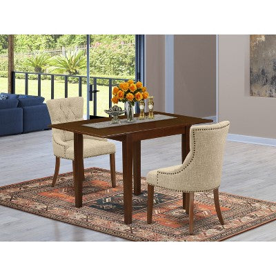 HomeStock Belmont Dining Set 3 Pcs - Two Dining Room Chairs and Wood Table - Mahogany Finish Wood - Doeskin Color Linen Fabric