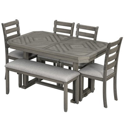 6 PCS Rubber Wood Dining Table Set with Beautiful Wood Grain Veneer Tabletop and Soft Cushion-ModernLuxe