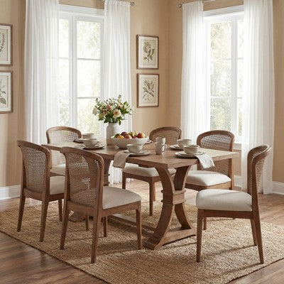 Christopher Knight Home Elowen 7-Piece Farmhouse Expandable Rubberwood Dining Set with Rattan Fabric Upholstered Chairs