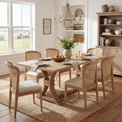 Christopher Knight Home Elowen 7-Piece Farmhouse Expandable Rubberwood Dining Set with Rattan Fabric Upholstered Chairs