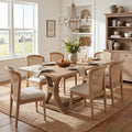 Christopher Knight Home Elowen 7-Piece Farmhouse Expandable Rubberwood Dining Set with Rattan Fabric Upholstered Chairs