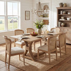 Christopher Knight Home Elowen 7-Piece Farmhouse Expandable Rubberwood Dining Set with Rattan Fabric Upholstered Chairs