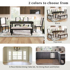 Retro 6 Pieces Kitchen Dining Table Set, Rectangular Table and 4 High-Back Tufted Chairs & Bench, Wood Dining Room Table Set for 6