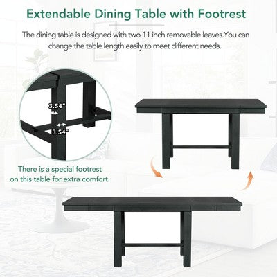 Farmhouse Extendable Dining Table Set for 6, Solid Wood Rectangular Kitchen Table Set with Removable Leaf, 4 Upholstered Chairs and Bench