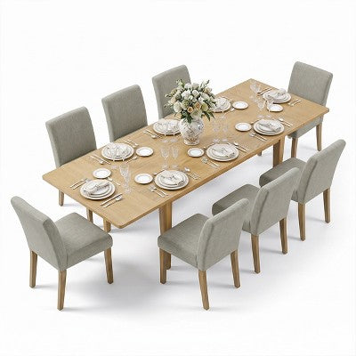 Expandable Dining Table Set for 8, Rectangular Table with Removable Leaves and Armless Linen Chairs, Featuring Solid Wood Legs-Panipeachy