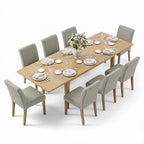 Expandable Dining Table Set for 8, Rectangular Table with Removable Leaves and Armless Linen Chairs, Featuring Solid Wood Legs-Panipeachy