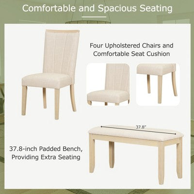 GDFStudio Sira Contemporary 6 Piece Rubberwood Dining Set with Extendable Table and Linen Upholstered Seats