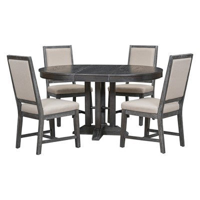 Farmhouse 5 Piece Kitchen Dining Set for 4, Solid Wood Extendable Round Dining Table Set and 4 Upholstered Chairs for Kitchen