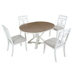 Farmhouse Extendable Round Dining Set for 4, Kitchen Dining Table Set with 4 Upholstered Dining Chairs for Dining Room
