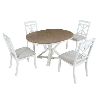 Farmhouse Extendable Round Dining Set for 4, Kitchen Dining Table Set with 4 Upholstered Dining Chairs for Dining Room