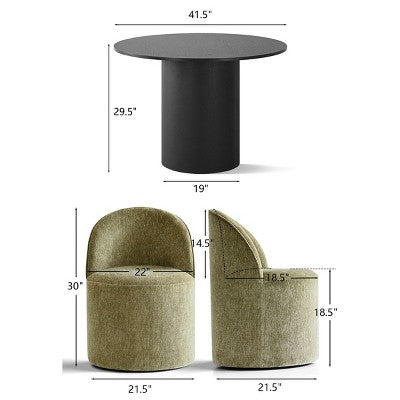 5-Piece Dining Table Set for 4, Modern Barrel Chair with Wheels and Chenille Upholstery, Black Round Pedestal Table-Panipeachy