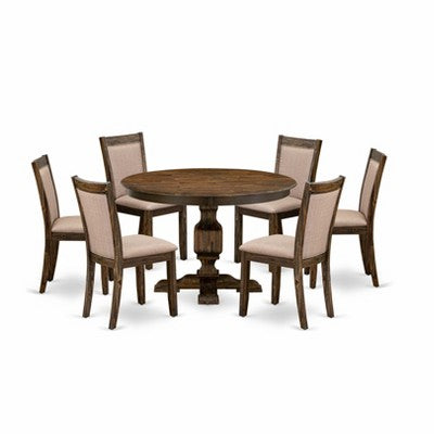 Round Dining Table Set With 6 Chairs Linen Fabric Parsons Style Dining Set