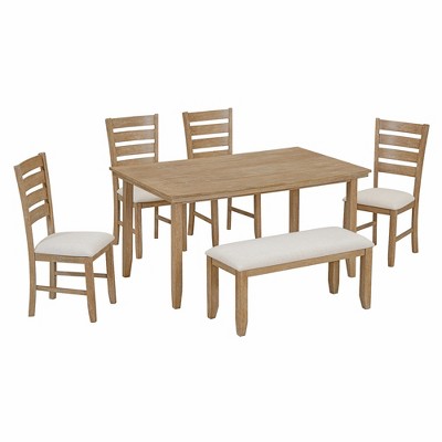 6-Piece Farmhouse Dining Table Set Dining Set with Rustic Dining Table, 4 High-back Dining Chairs and Bench, Natural Wood Wash/Gray-ModernLuxe