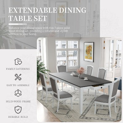Rustic Extendable Dining Table Set for 6, 7 Pieces Rectangle Dining Table with 6 Upholstered Chairs, Kitchen Table Set with 2 Drawers