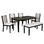Retro 6 Pieces Kitchen Dining Table Set, Rectangular Table and 4 High-Back Tufted Chairs & Bench, Wood Dining Room Table Set for 6