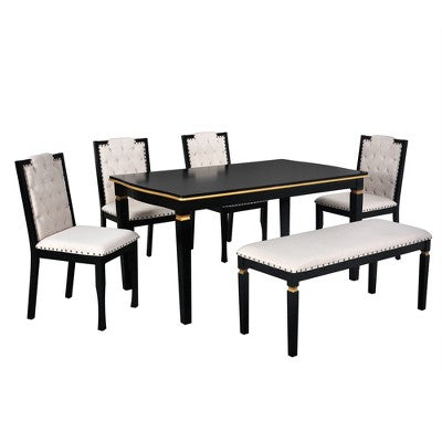 Retro 6 Pieces Kitchen Dining Table Set, Rectangular Table and 4 High-Back Tufted Chairs & Bench, Wood Dining Room Table Set for 6