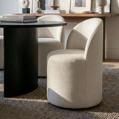Dining Table Set for 6, Oval 79 Table and Linen Fabric Upholstered Barrel Chairs with Casters, for the Dining Room-Panipeachy