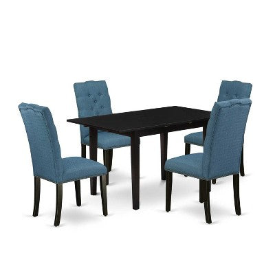 HomeStock 5-Pc Black Solid Wood Top-Rectangular Button Tufted Upholstered Dining Room Set with Butterfly Leaf-Seats 4