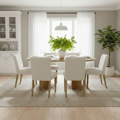 47-83 Extendable Dining Table Set for 6, Natural Wood-Tone Table and 6 Linen Armless Chairs with Solid Wood Legs for Dining Room-Panipeachy