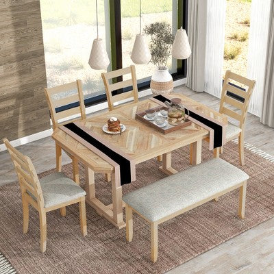6 PCS Rubber Wood Dining Table Set with Beautiful Wood Grain Veneer Tabletop and Soft Cushion-ModernLuxe