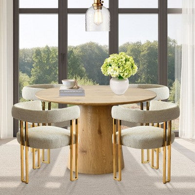 Expandable Round to Oval Dining Table Set with 4 Velvet Armchairs, Modern Pedestal Design, Seats Up to 8 People-Panipeachy